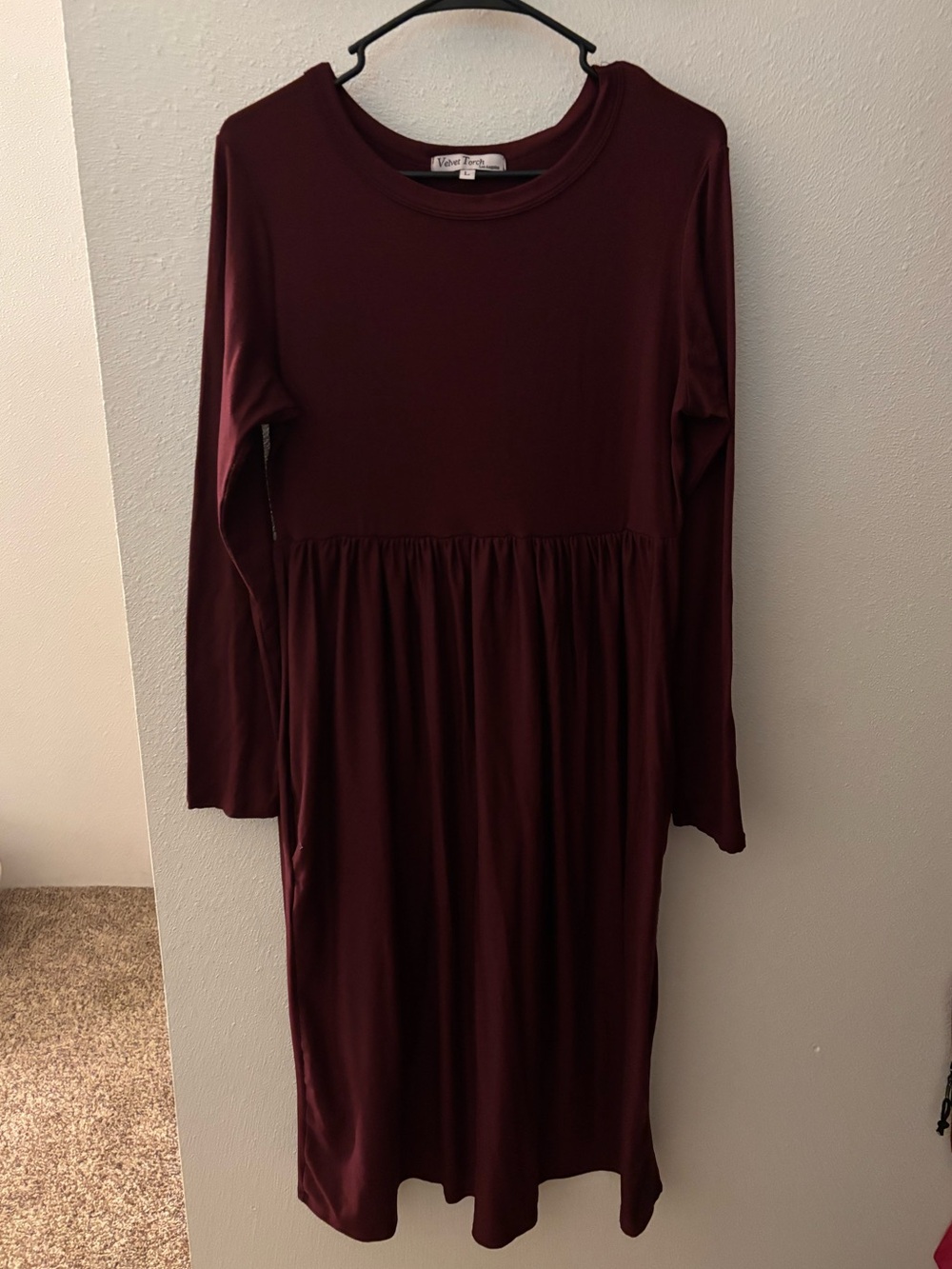 Velvet Torch Wine Long Sleeve Gathered Waist Midi Dress